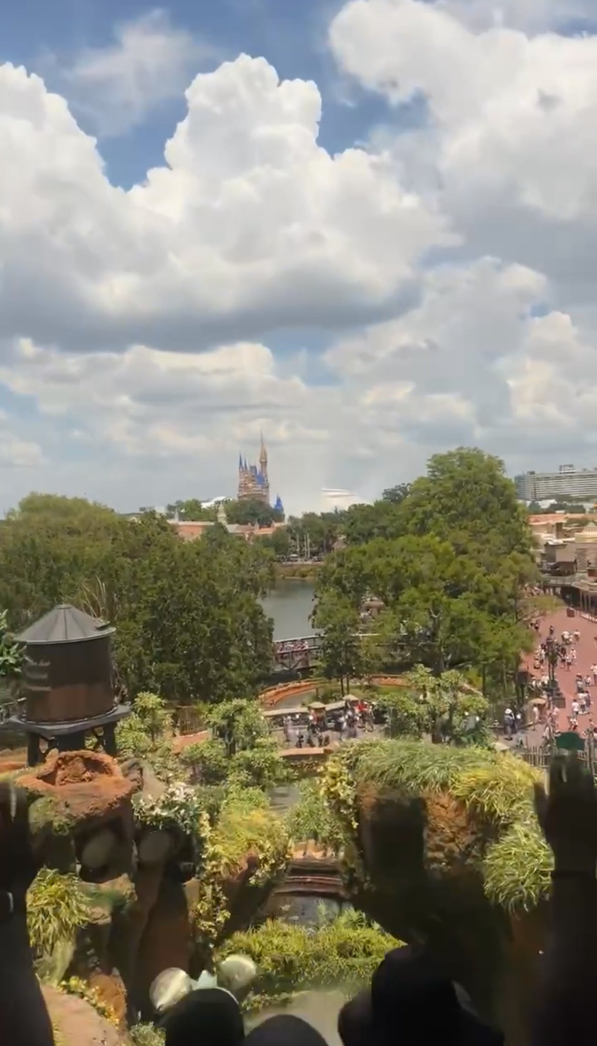 Wide view of a theme park with a river, greenery, and people walking; the distant castle suggests a Disney park