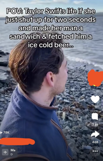 A man stands on a rocky beach looking at the ocean. Text reads, "POV: Taylor Swift's life if she just shut up for two seconds and made her man a sandwich & fetched him a ice cold beer…"