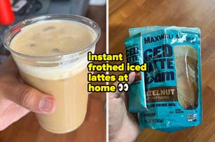 Hand holding a frothy iced latte in a plastic cup next to a package of Maxwell House Iced Latte Foam Hazelnut mix. Text reads "instant frothed iced lattes at home."