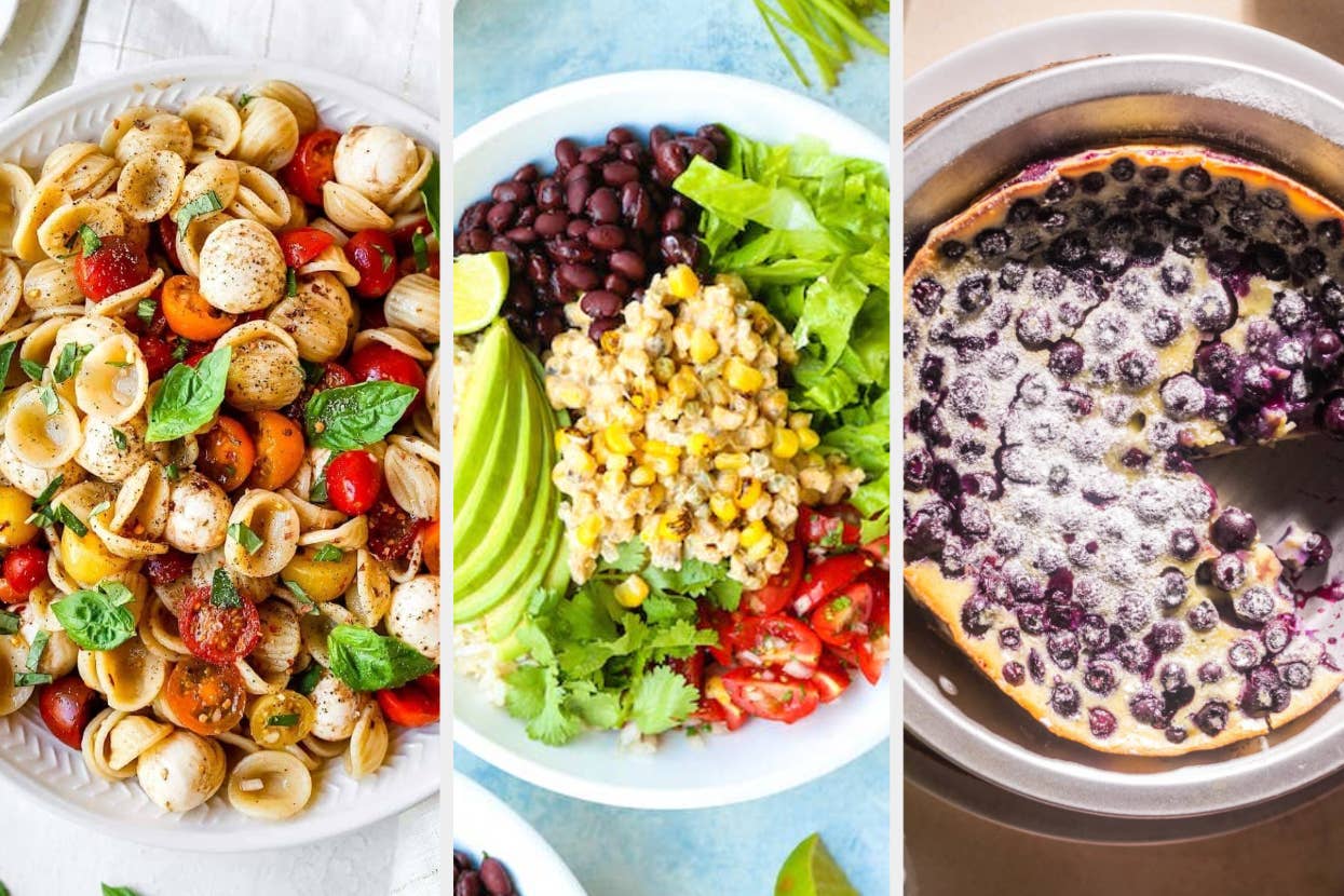 A collage of three dishes: a pasta salad with mozzarella and cherry tomatoes, a bowl with black beans, corn, avocado and greens, and a blueberry pie