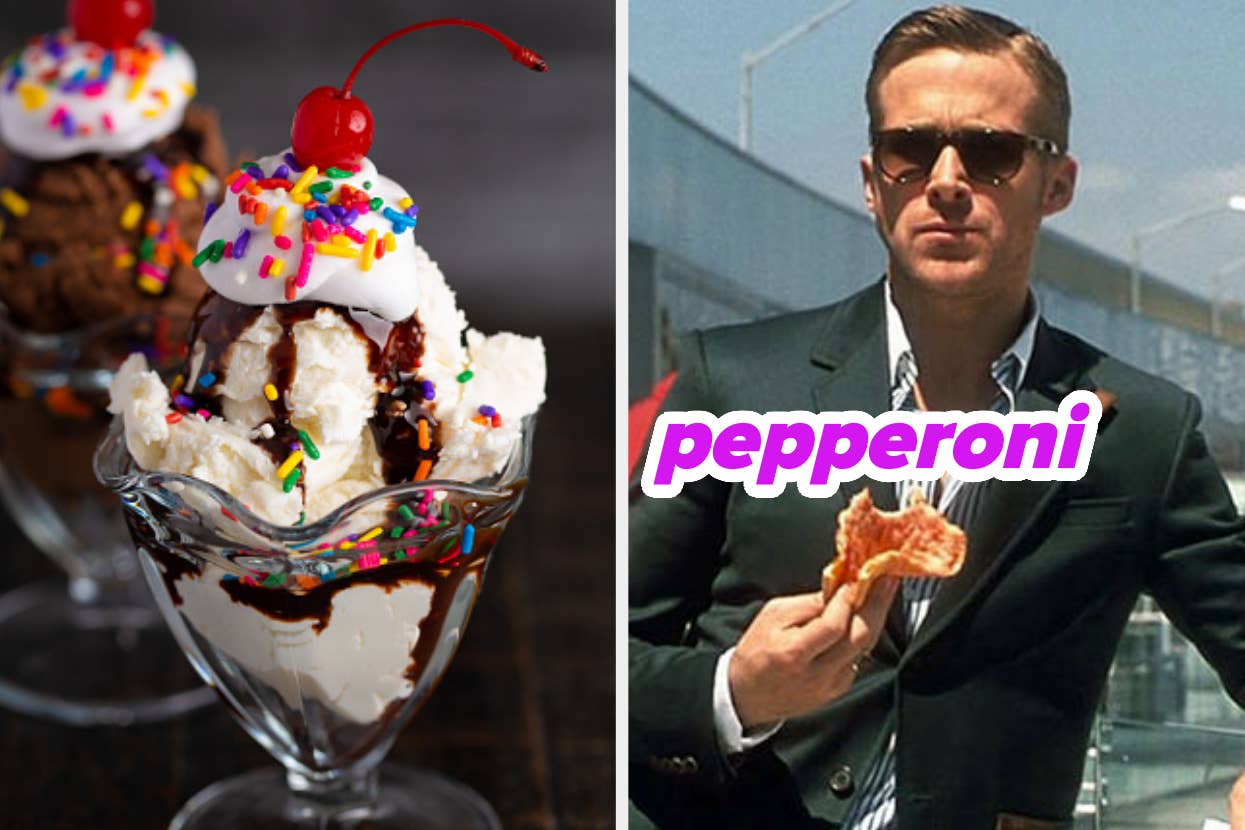On the left, there are two ice cream sundaes topped with whipped cream, sprinkles, and cherries. On the right, a man in sunglasses eats pizza, with the word "pepperoni" in bold purple text