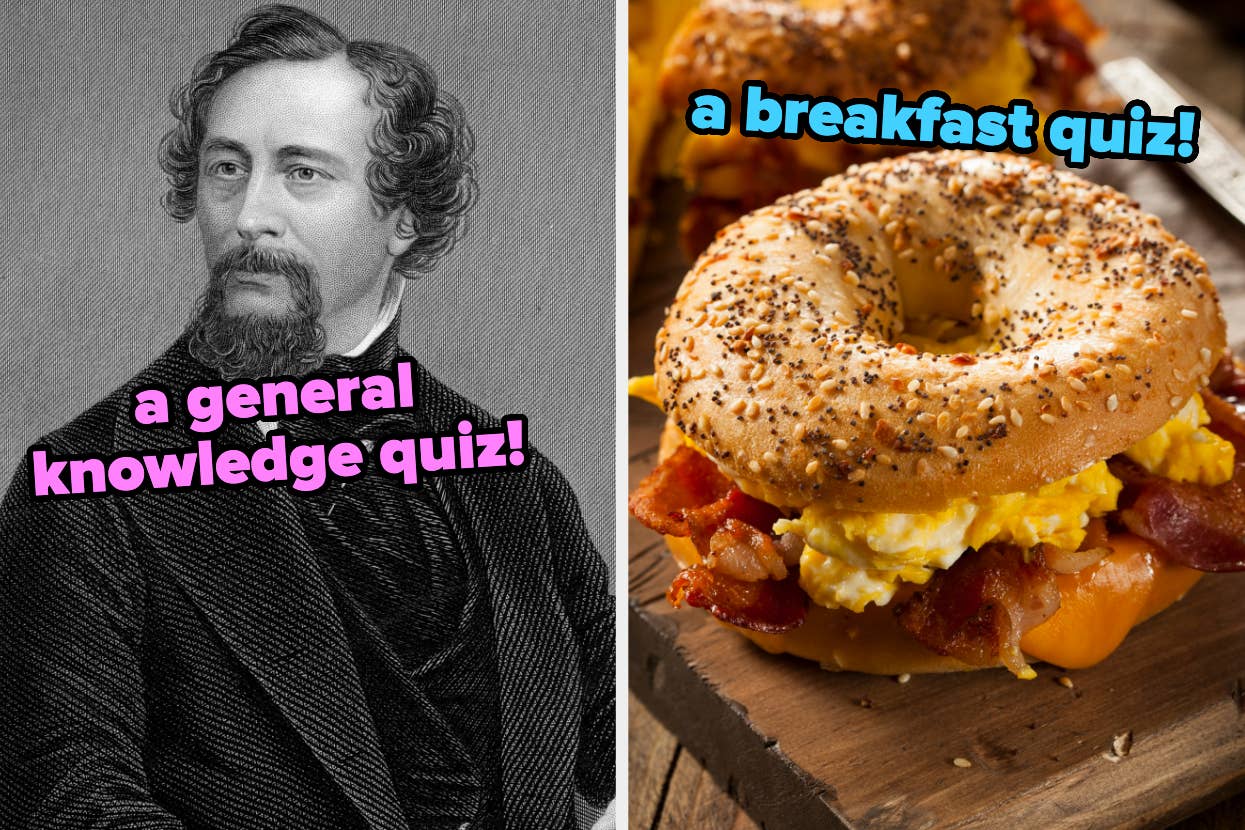 On the left, Charles Dickens labeled a general knowledge quiz, and on the right, a bagel breakfast sandwich labeled a breakfast quiz