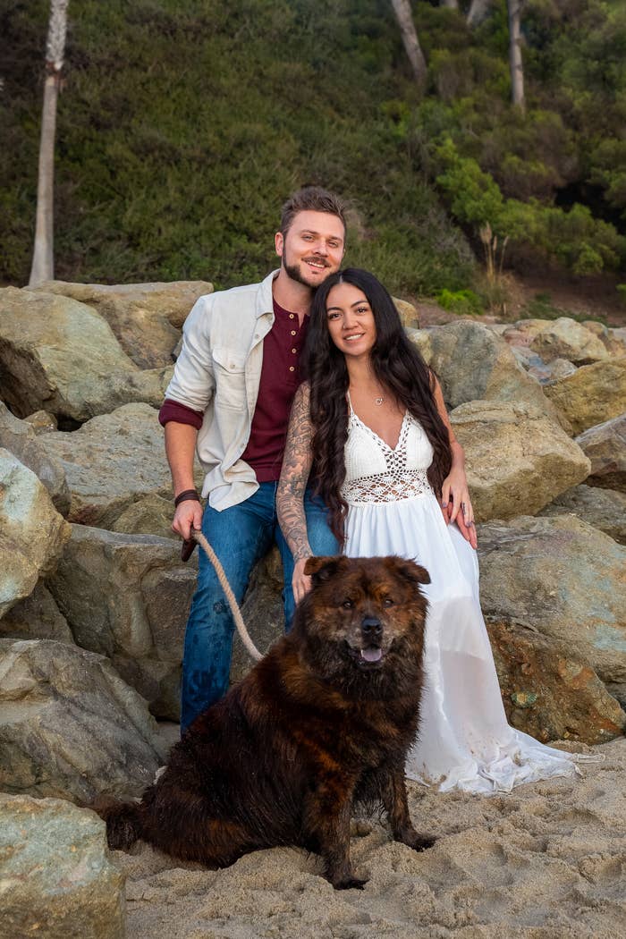 A man and a woman sit on rocks at a beach, with the man holding a large dog on a leash. The woman wears a white dress and the man is casually dressed