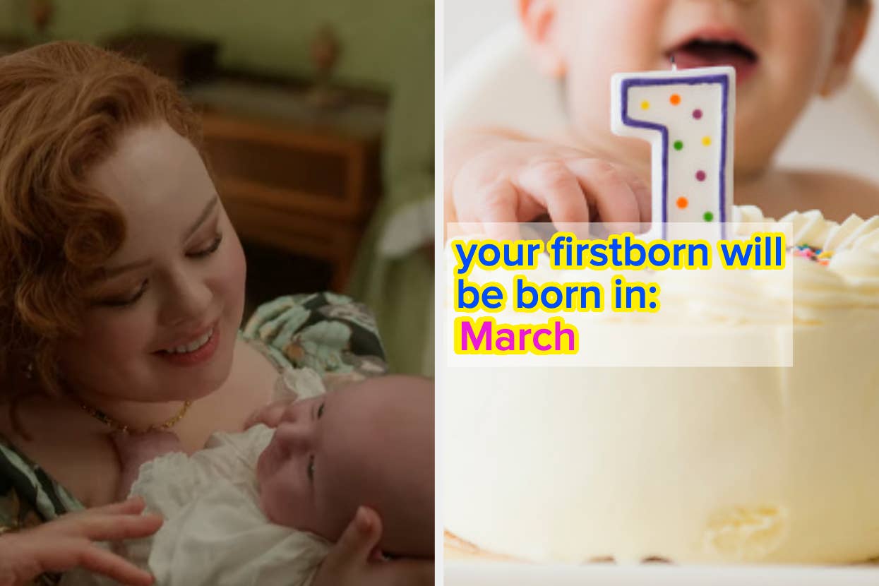 A woman in a floral dress holds a baby. To the right, a cake with a number 1 candle and text: "Your firstborn will be born in: March."