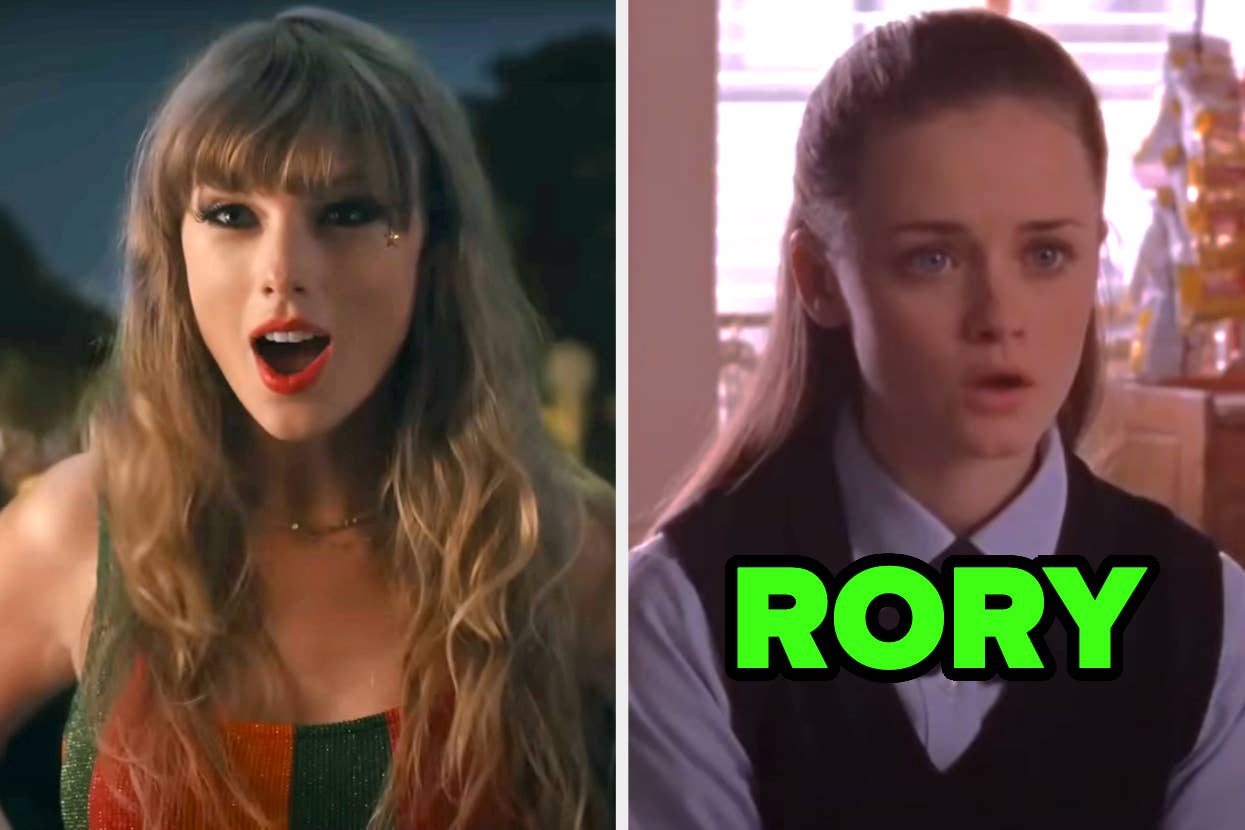 On the left, Taylor Swift in the Anti Hero music video, and on the right, Rory Gilmore