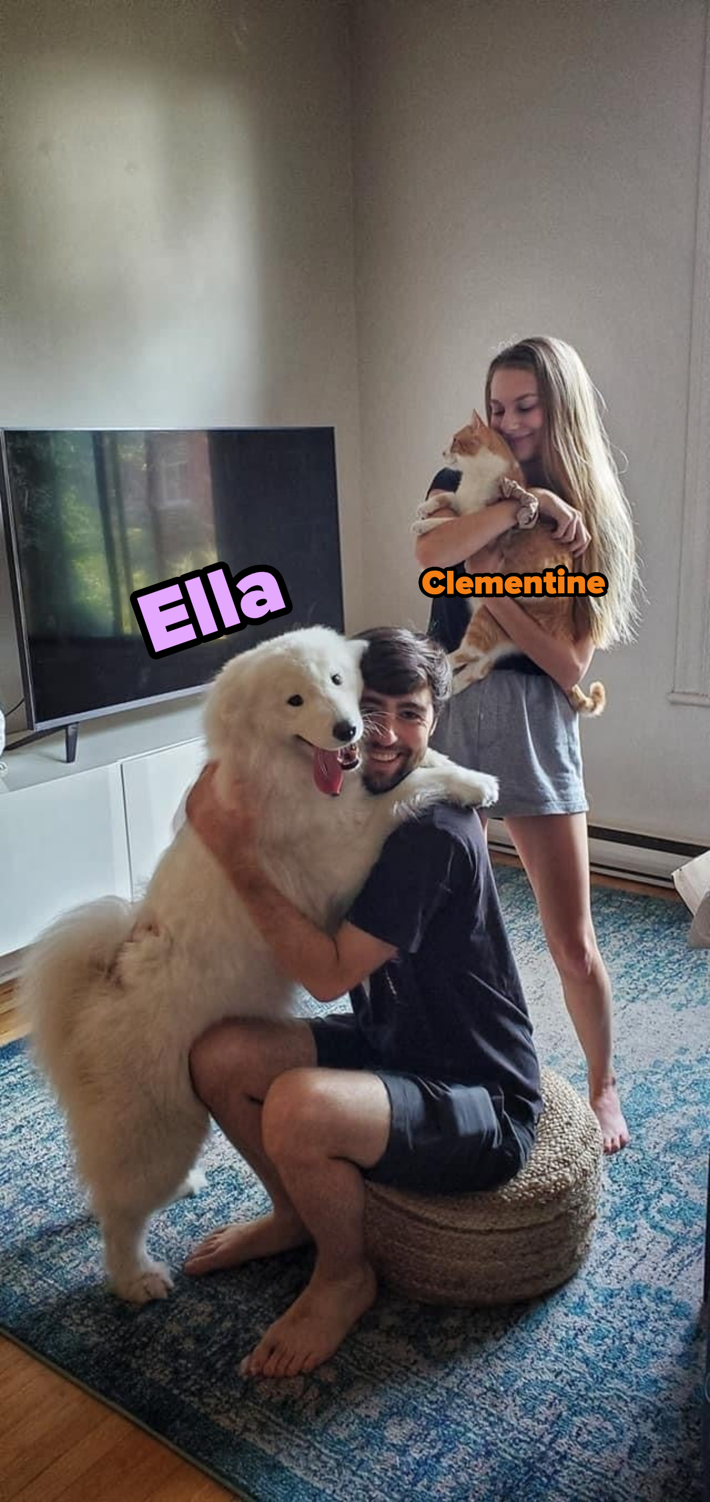 Two people, one with a large fluffy white dog and the other holding a cat, are smiling in a cozy living room