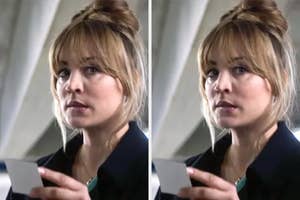 A woman with blonde hair in an updo, wearing a black jacket, looks uncertainly at a small card in her hand. She is photographed twice, side by side