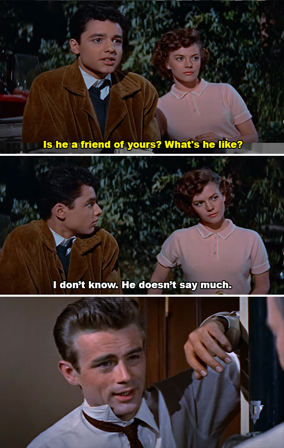 First panel: Man asks, &quot;Is he a friend of yours? What's he like?&quot; Second panel: Woman responds, &quot;I don't know. He doesn't say much.&quot; Third panel: Man in a white shirt and tie