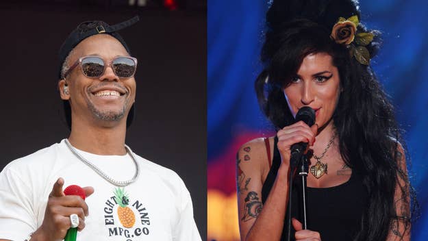 Lupe Fiasco wears a graphic t-shirt and cap, smiling. Amy Winehouse sings into a microphone, dressed in a black tank top with her signature beehive hairstyle