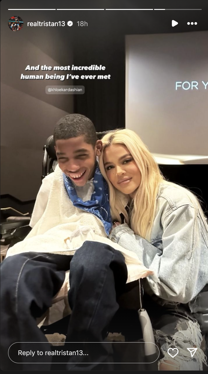 Khloe Kardashian is hugging a smiling young man in a wheelchair. The text reads, &quot;And the most incredible human being I&#x27;ve ever met @khloekardashian.&quot;