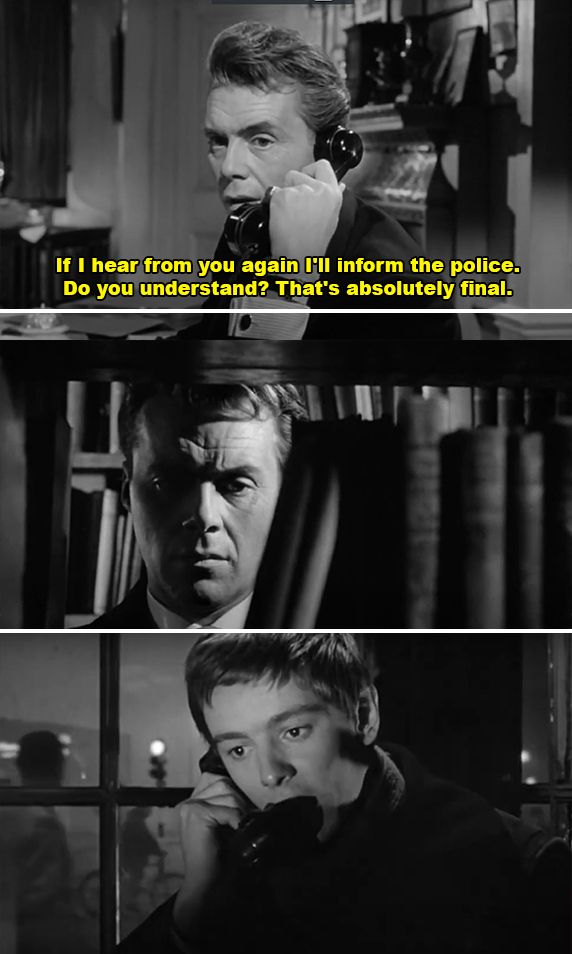 Three black and white film stills. Top: man on phone with text &quot;If I hear from you again I'll inform the police. Do you understand? That's absolutely final.&quot; Middle: another man looks concerned. Bottom: young person holds a phone looking distressed