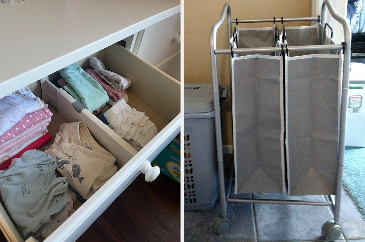 Left side: Drawer with folded baby clothes. Right side: Laundry cart with two sections on right