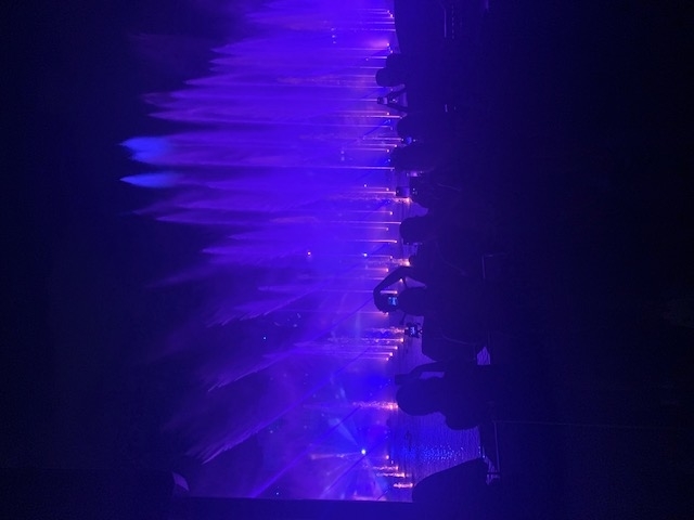 A vibrant water and light show features tall fountains illuminated in purple and blue hues while an audience in the foreground watches the performance