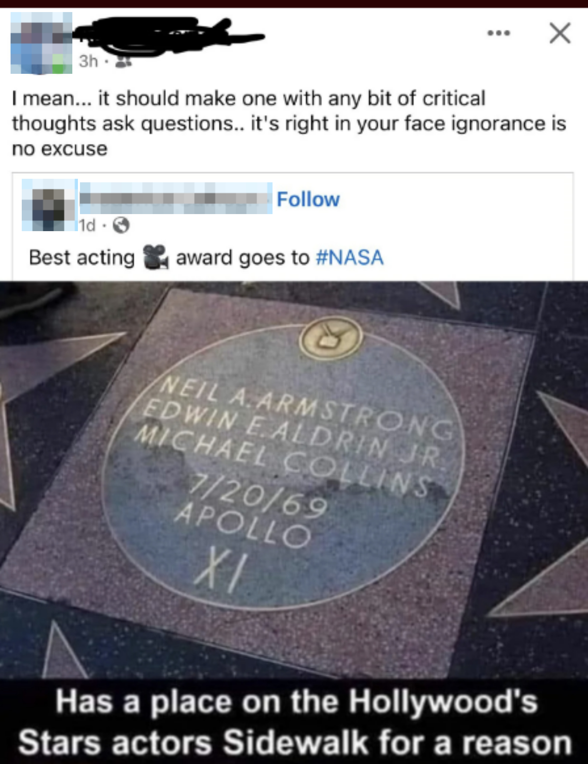 A Facebook post showing Neil A. Armstrong, Edwin E. Aldrin Jr., and Michael Collins' star on the Hollywood Walk of Fame with a caption praising NASA