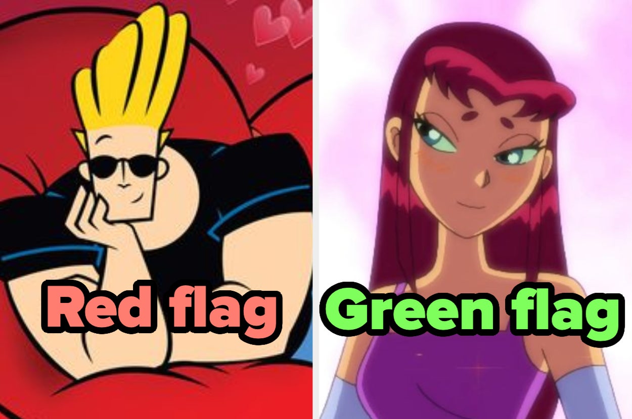 Johnny Bravo y Starfire. Johnny Bravo está recostado con gafas de sol y Starfire está de pie con una expresión tranquila. Texto: "Red flag" y "Green flag"