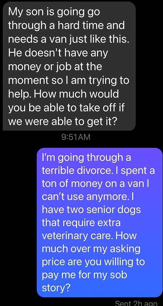 Text conversation where one person is seeking money for their son who doesn't have a job, and the other person is looking to sell a van due to personal financial struggles