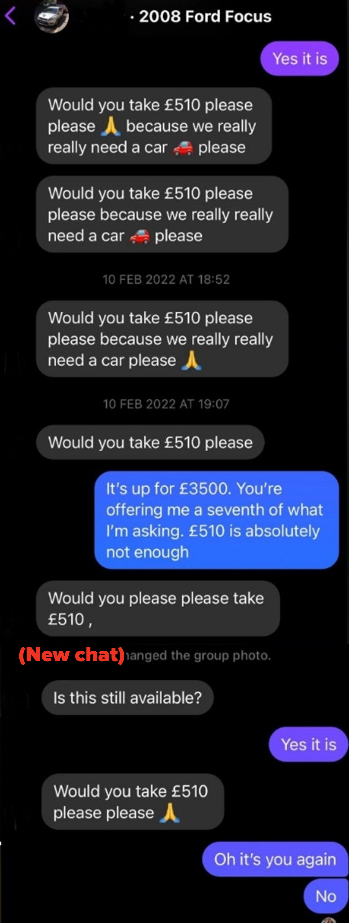 Text conversation about buying a 2008 Ford Focus, with numerous repetitive requests to take £510 for it, and responses rejecting the offer