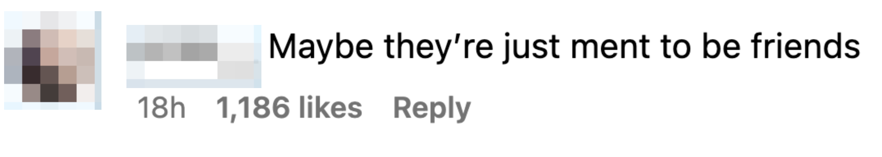 Instagram comment by p.inc__: "Maybe they're just meant to be friends". The comment has 1,186 likes and was posted 18 hours ago