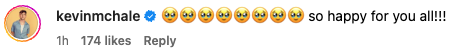 Instagram comment from kevinmchale with heart-eyes and star emojis, expressing happiness and congratulations. 174 likes, 1 hour ago