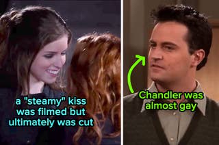 Anna Kendrick and Brittany Snow laughing; Matthew Perry as Chandler with text: 