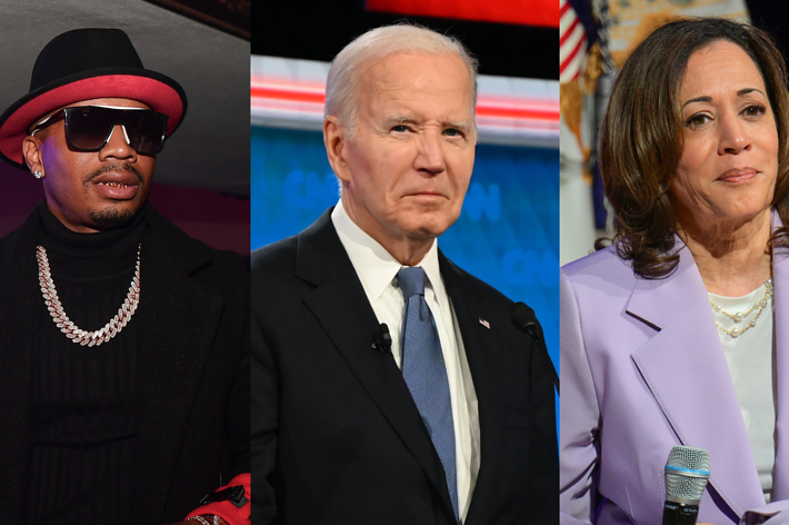 Plies wears a hat, sunglasses, and a necklace; Joe Biden in a suit and tie; Kamala Harris in a suit jacket on separate occasions