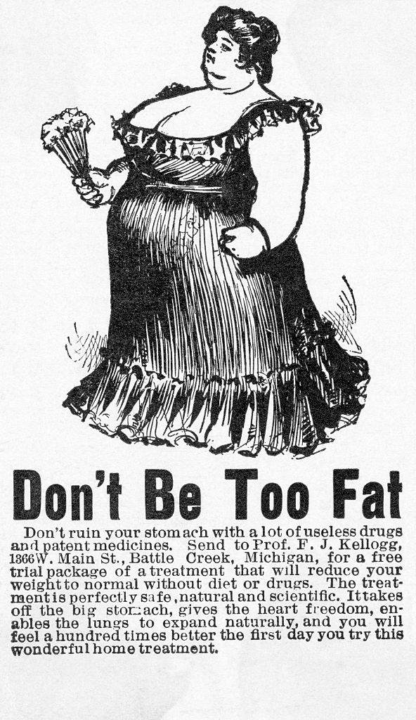 Vintage of a weight loss treatment with an illustration of a plus-sized woman holding a fan. Text warns against so-called useless drugs and promotes natural remedies