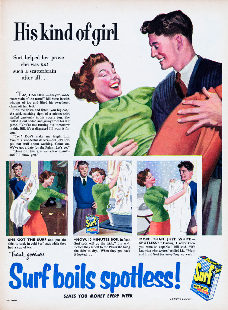 A vintage featuring a woman doing laundry with Surf detergent. A man is embracing her from behind as text praises the detergent's effectiveness