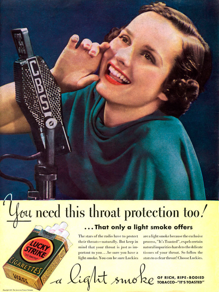 A vintage featuring a smiling woman posing with a microphone and a Lucky Strike cigarette pack, promoting the slogan, "a light smoke."