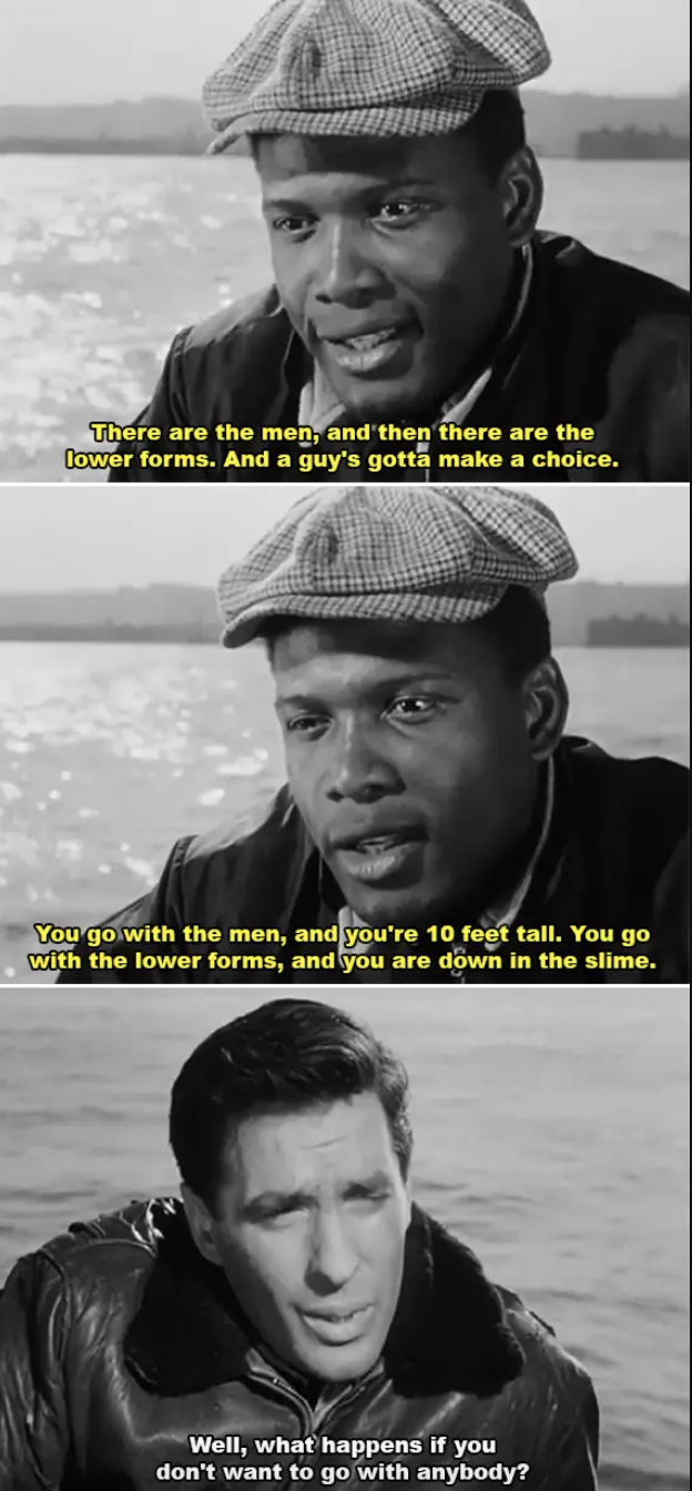 A man gives advice to another man about different social choices and their consequences. Another man asks, &quot;What happens if you don't want to go with anybody?&quot;