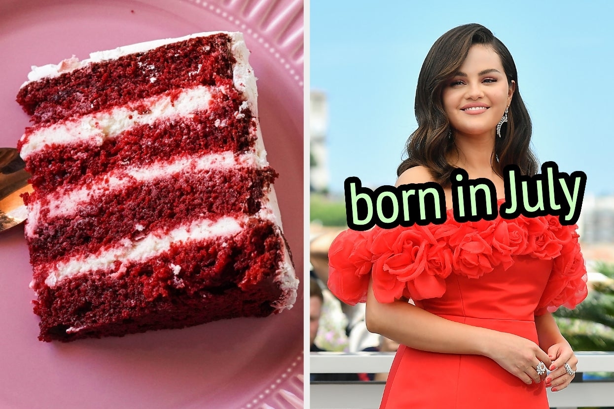 On the left, a slice of red velvet cake, and on the right, Selena Gomez labeled born in July