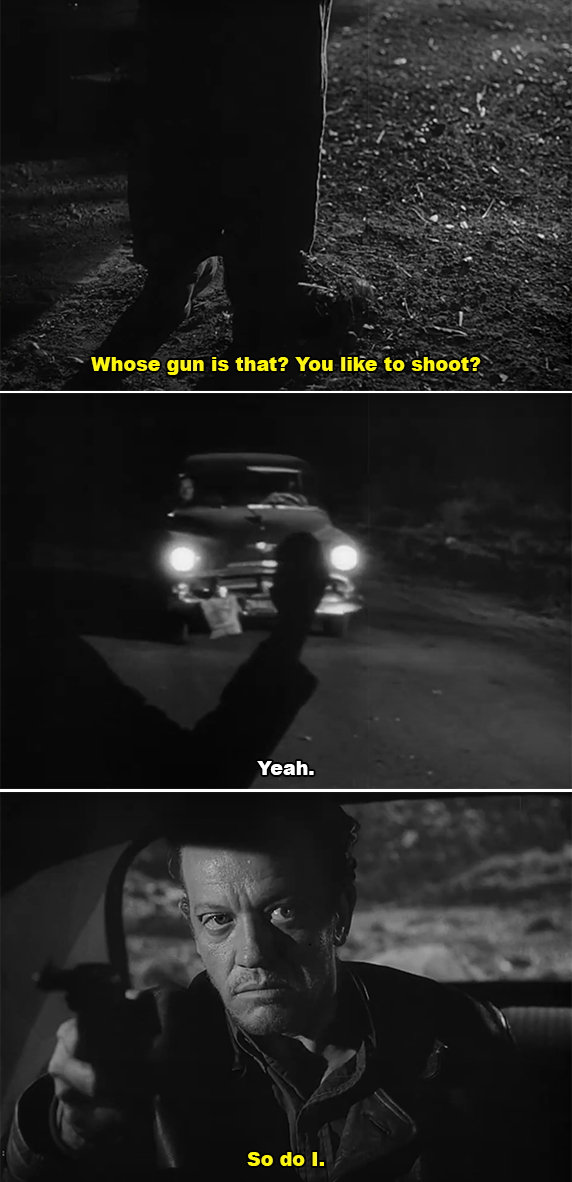 Three black-and-white film stills show a tense exchange. Text includes: &quot;Whose gun is that? You like to shoot?&quot;, &quot;Yeah.&quot; Man with a gun says, &quot;So do I.&quot;