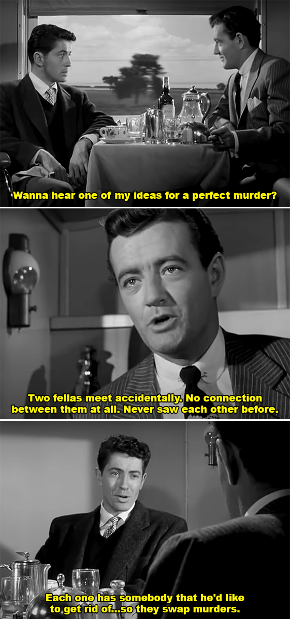A scene from the movie &quot;Strangers on a Train&quot; with two men in suits discussing a murder plot. One man, looking serious, explains his idea involving exchanging murders