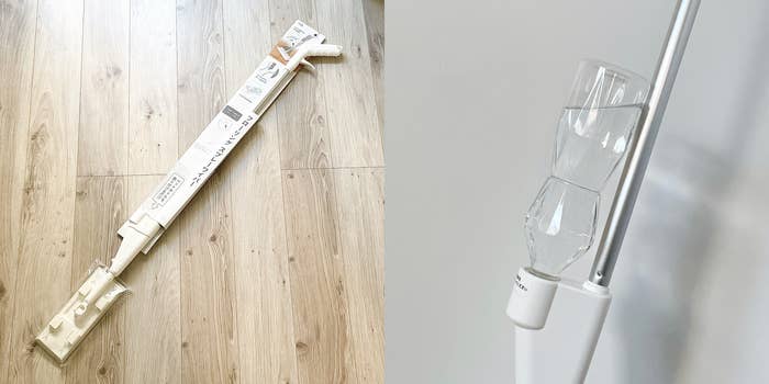床に置かれた掃除用具とその一部の拡大写真。