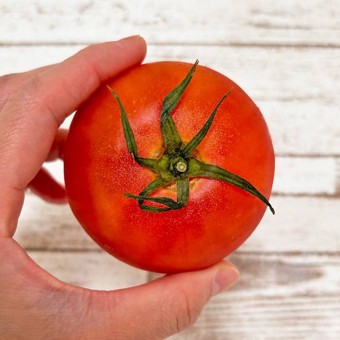 人の手がトマトを持っている。