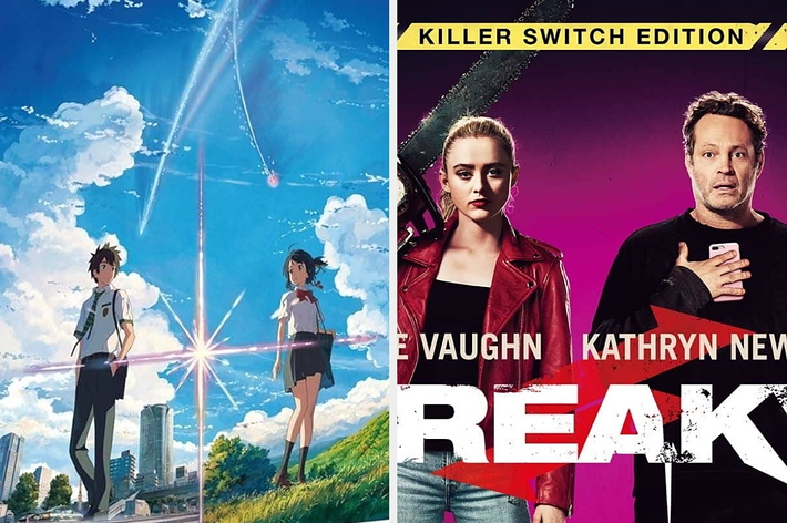 左の画像:「君の名は。」のメインキャラクター。右の画像:「フリーキー」のヴィンス・ヴォーンとキャスリン・ニュートン。