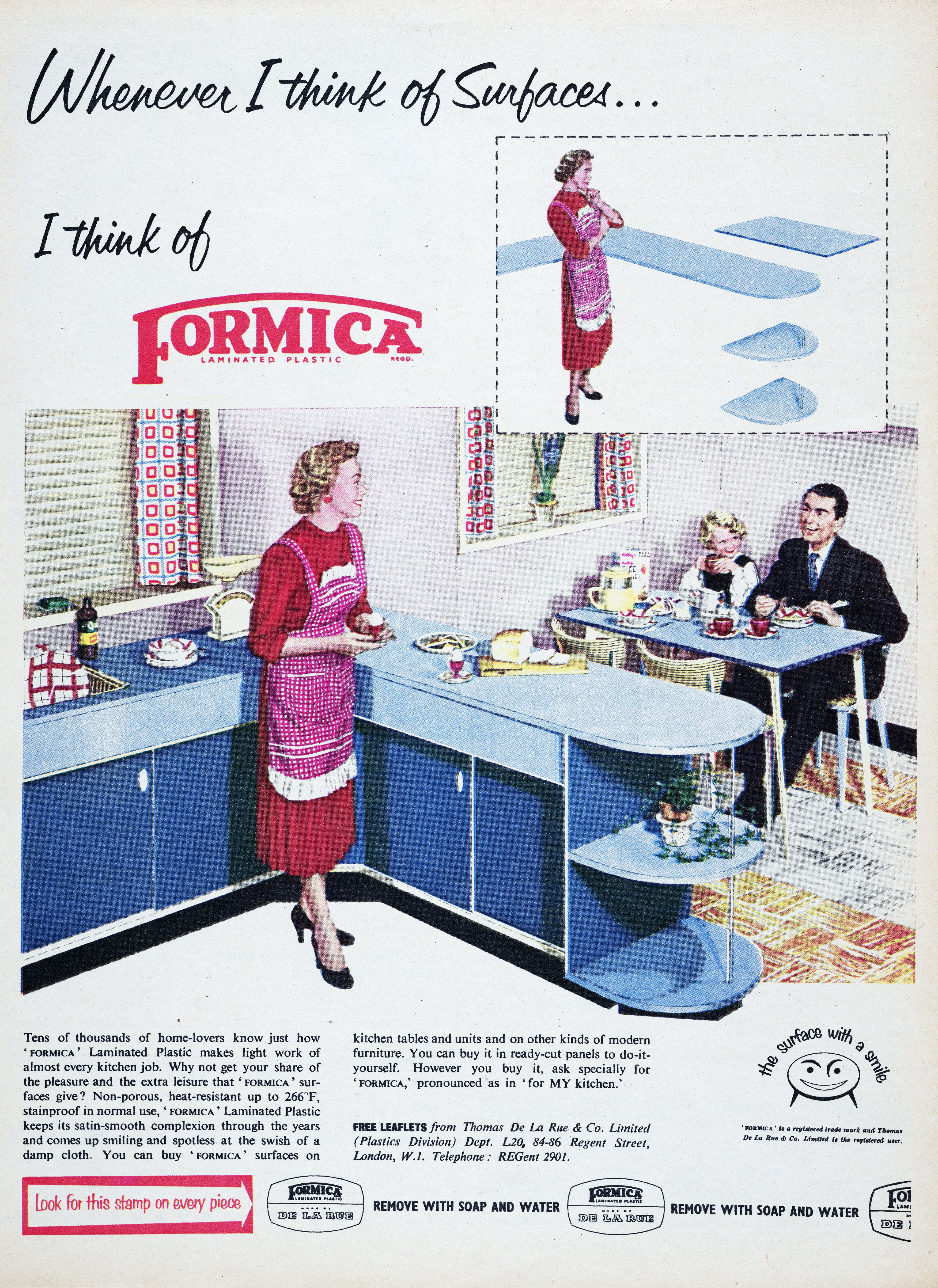  for Formica featuring a woman in a kitchen with a man and child sitting at a table. Text highlights the benefits of Formica surfaces