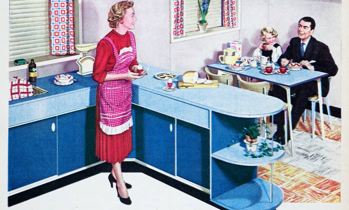for Formica featuring a woman in a kitchen with a man and child sitting at a table. Text highlights the benefits of Formica surfaces
