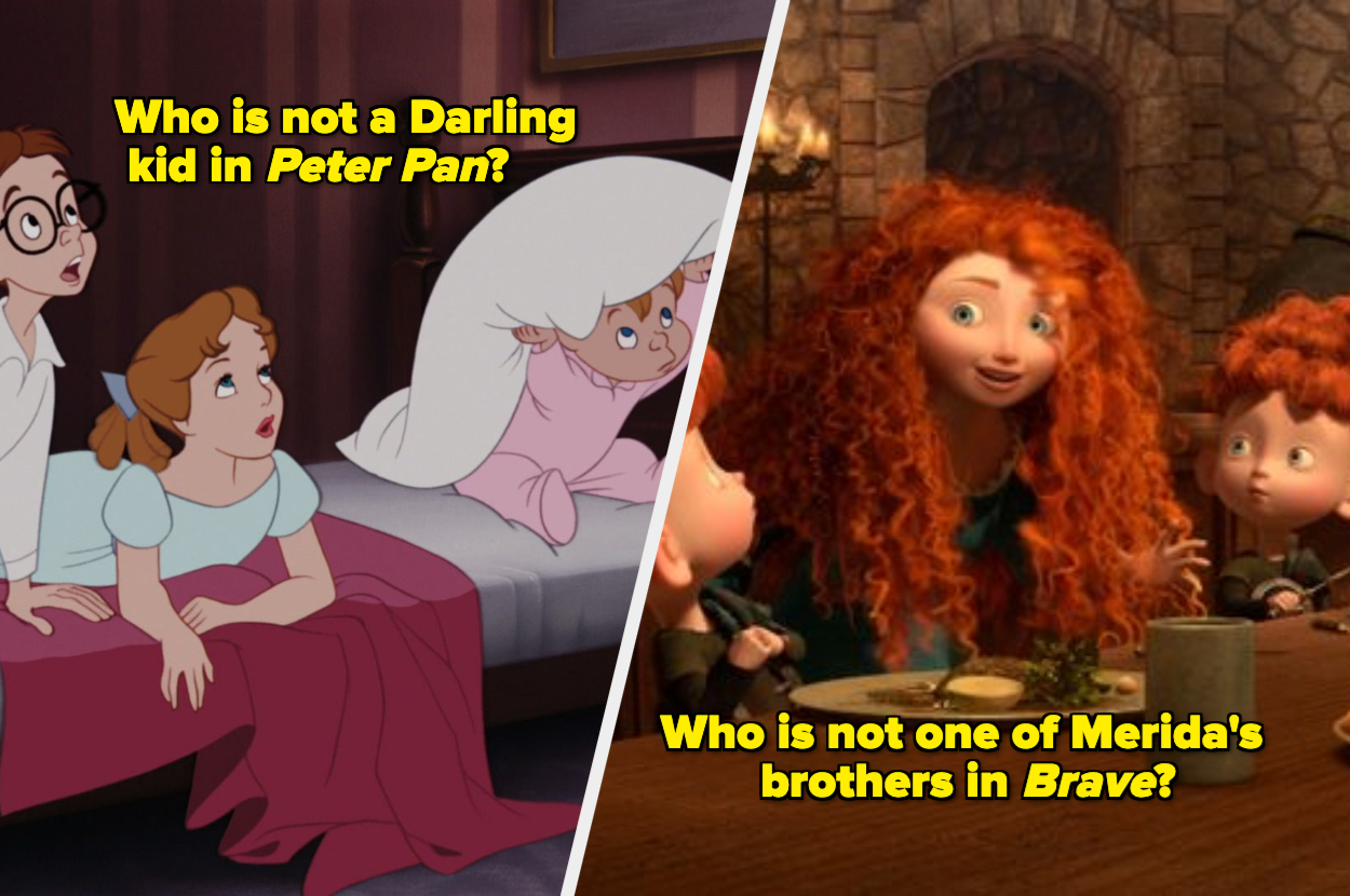 Left: Wendy and Michael Darling with Nana from Peter Pan. Right: Merida with her brothers from Brave. Text asks which is not a Darling kid and not one of Merida's brothers