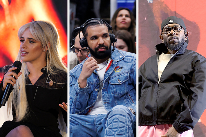 Camila Cabello speaks onstage; Drake listens with headphones in casual denim; Kendrick Lamar performs in a black jacket and cap
