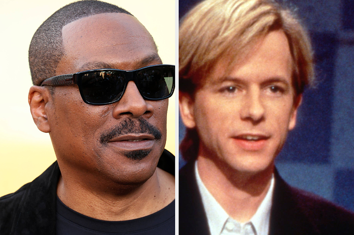 Eddie Murphy wearing sunglasses and David Spade with blonde hair are pictured in a side-by-side photo