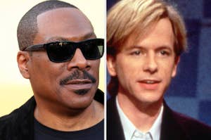 Eddie Murphy wearing sunglasses and David Spade with blonde hair are pictured in a side-by-side photo
