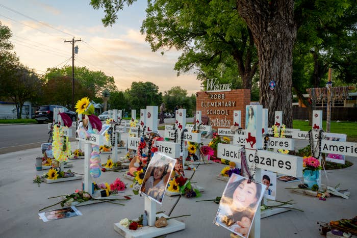 A memorial dedicated to the 19 children and two adults murdered on May 24, 2022 during the mass shooting at Robb Elementary School is seen on May 24, 2023 in Uvalde, Texas