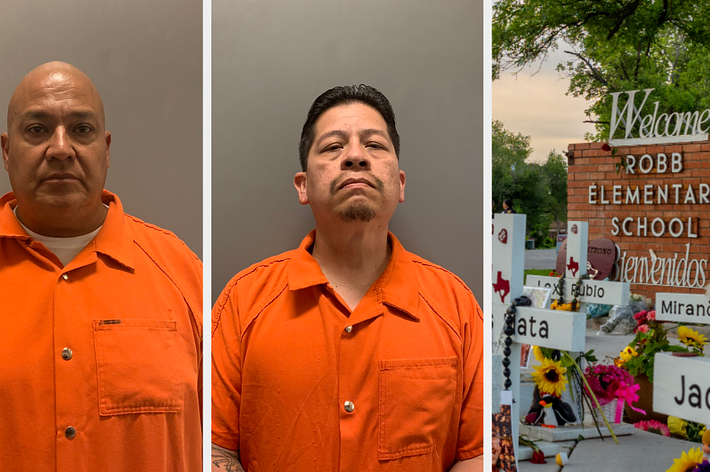 Two men in orange prison uniforms. A memorial setup for victims of the Robb Elementary School incident is shown in the third panel