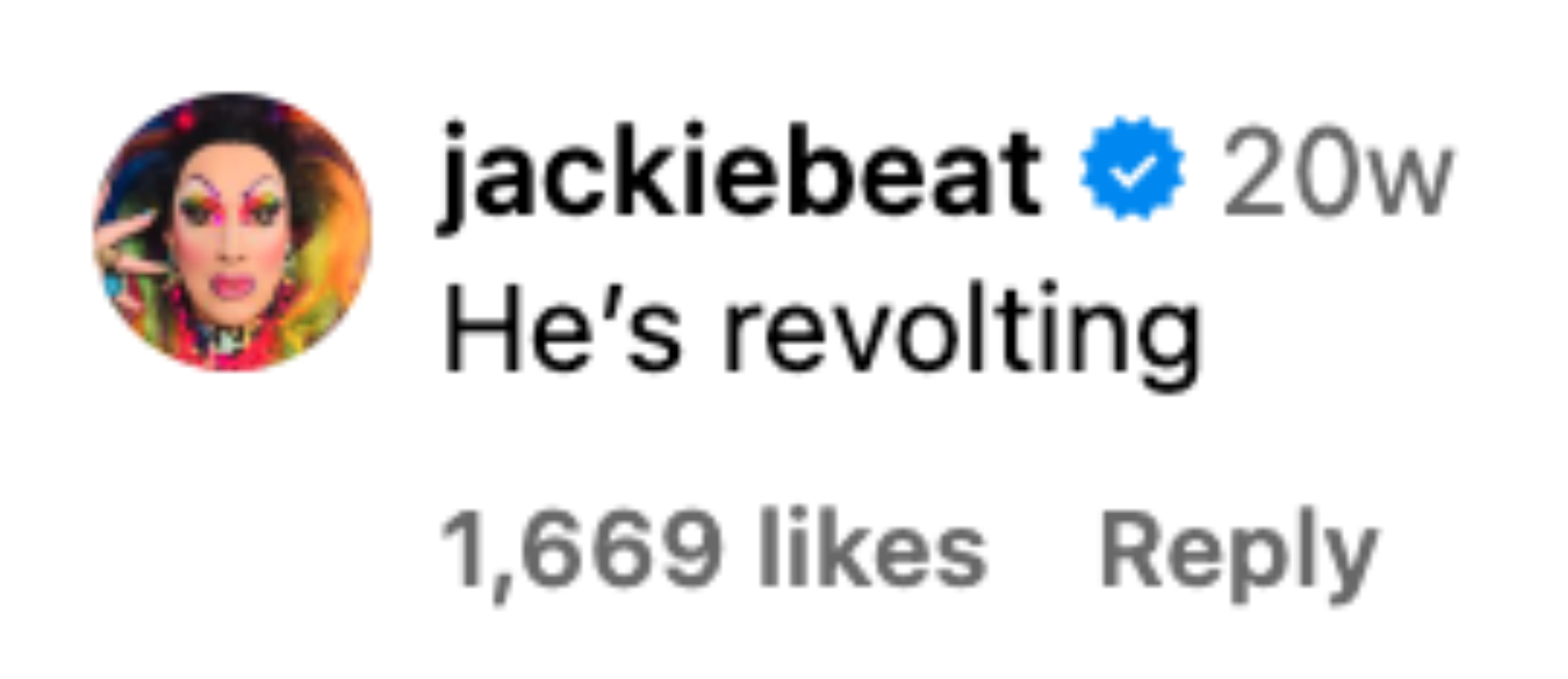 Instagram comment by jackiebeat, verified account, saying &quot;He's revolting&quot; and has 1,669 likes