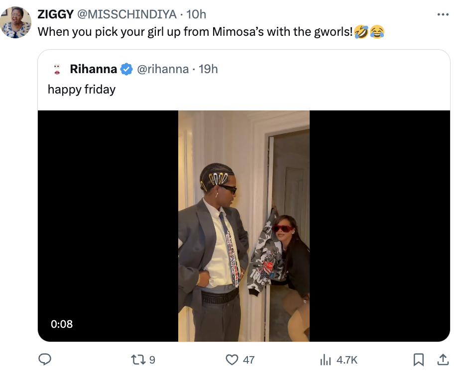 ZIGGY (@MISSCHINDIYA) tweets a clip of Rihanna in a suit and tie at a doorway with one other person, captioned &quot;When you pick your girl up from Mimosa's with the gworls!&quot;