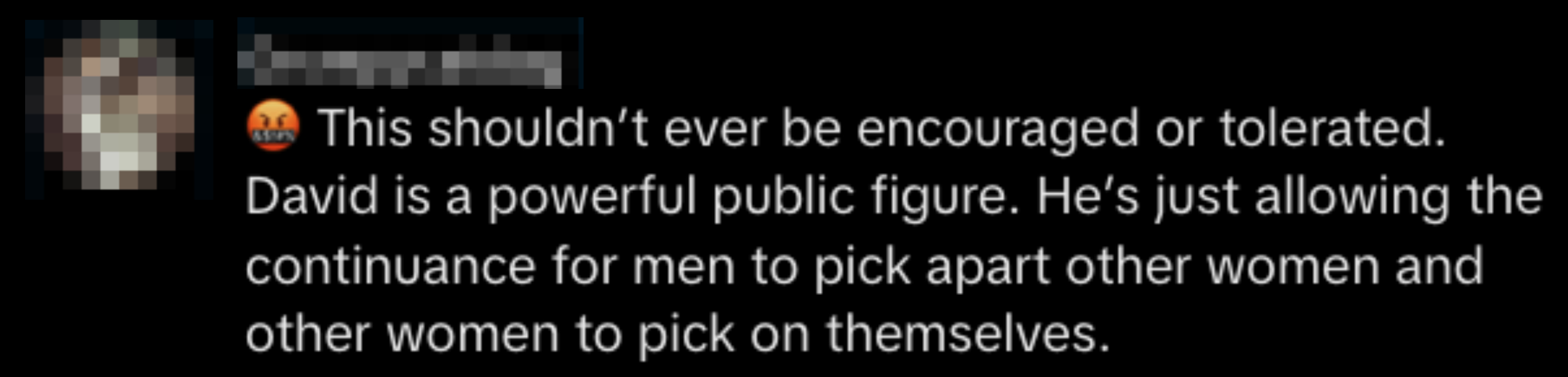 Grumpycatdog's comment: &quot;This shouldn’t ever be encouraged or tolerated. David is a powerful public figure. He’s just allowing the continuance for men to pick apart other women and other women to pick on themselves.&quot;
