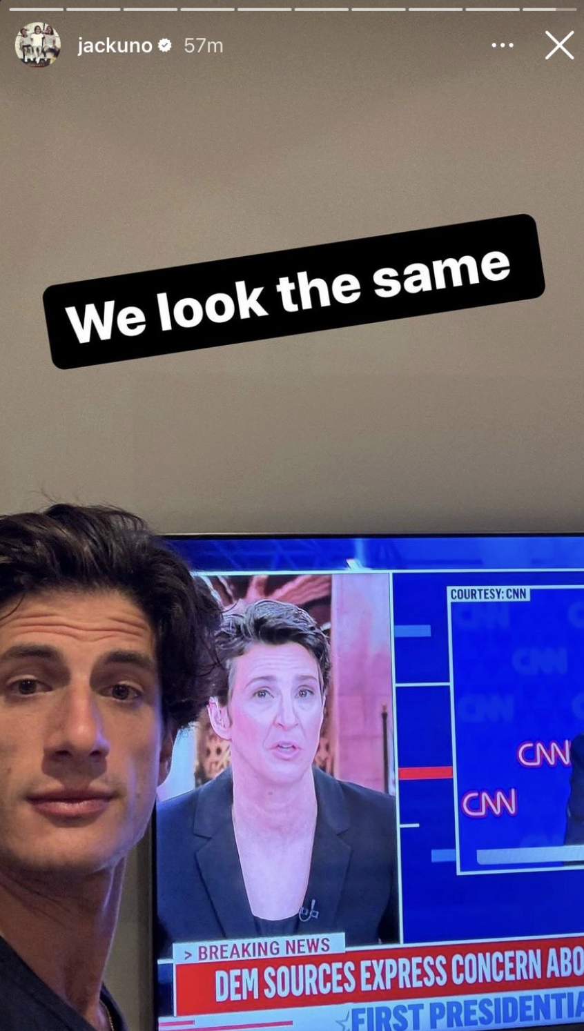 A person named jackuno takes a selfie next to a TV screen showing a news broadcast featuring Rachel Maddow with the caption "We look the same" above the images