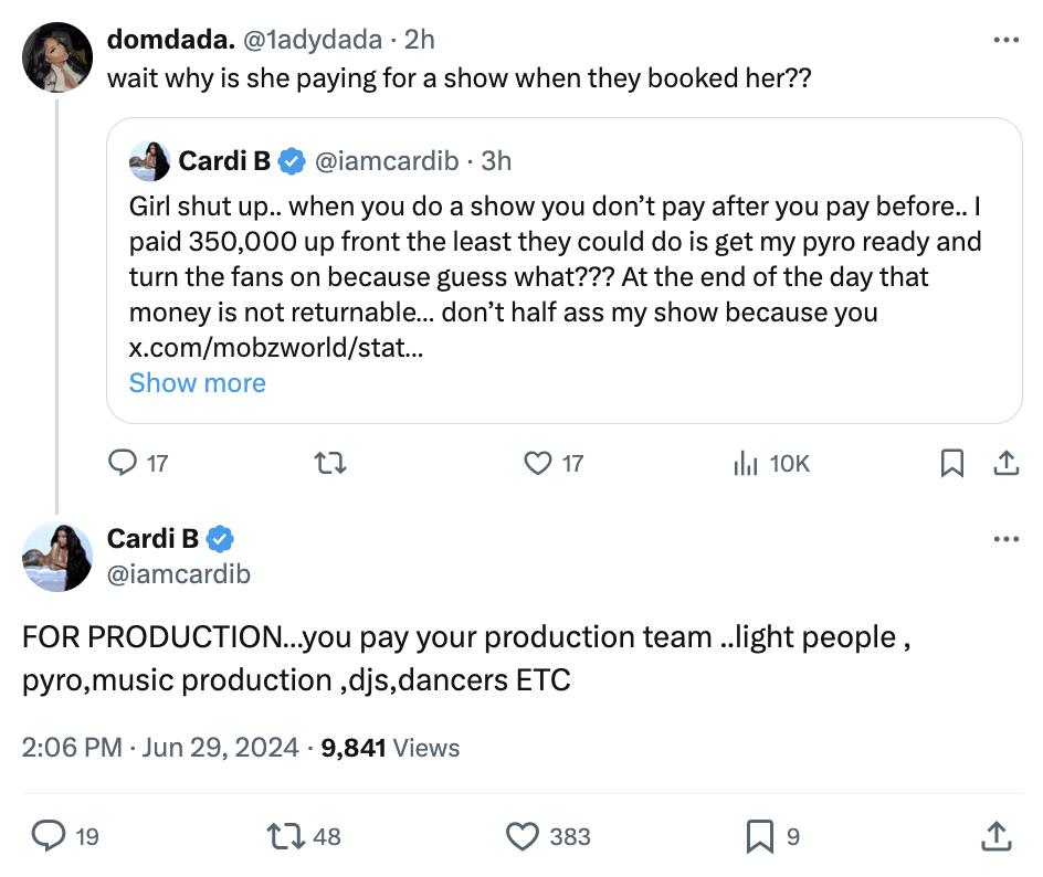 Cardi B responds to a Twitter user, explaining that production costs, including lighting, pyrotechnics, DJs, and dancers, must be paid upfront for shows