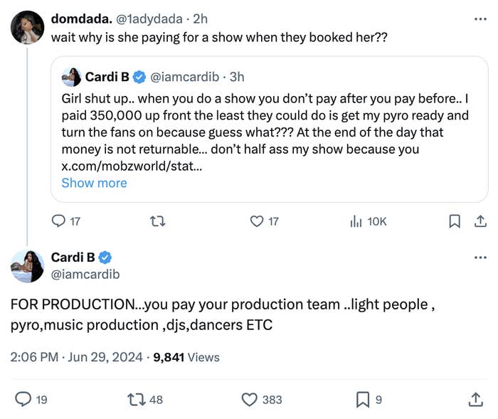 Cardi B responds to a Twitter user, explaining that production costs, including lighting, pyrotechnics, DJs, and dancers, must be paid upfront for shows