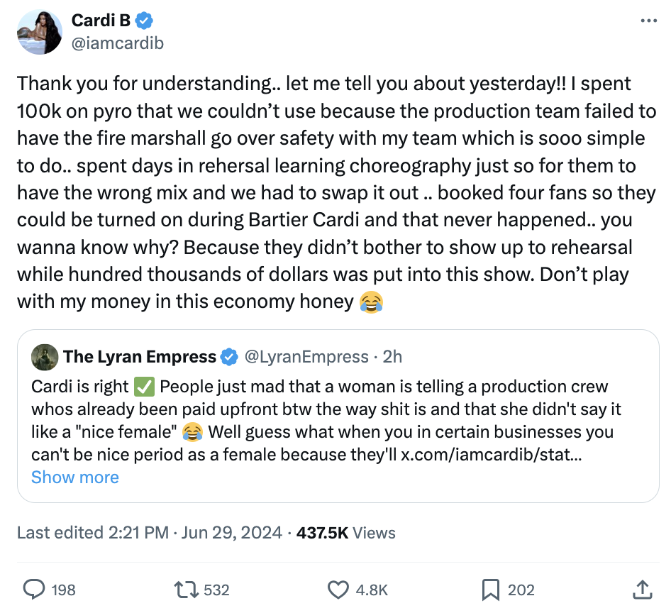 Tweet from Cardi B (@iamcardib) explaining why her performance was canceled due to production safety concerns and issues with funding
